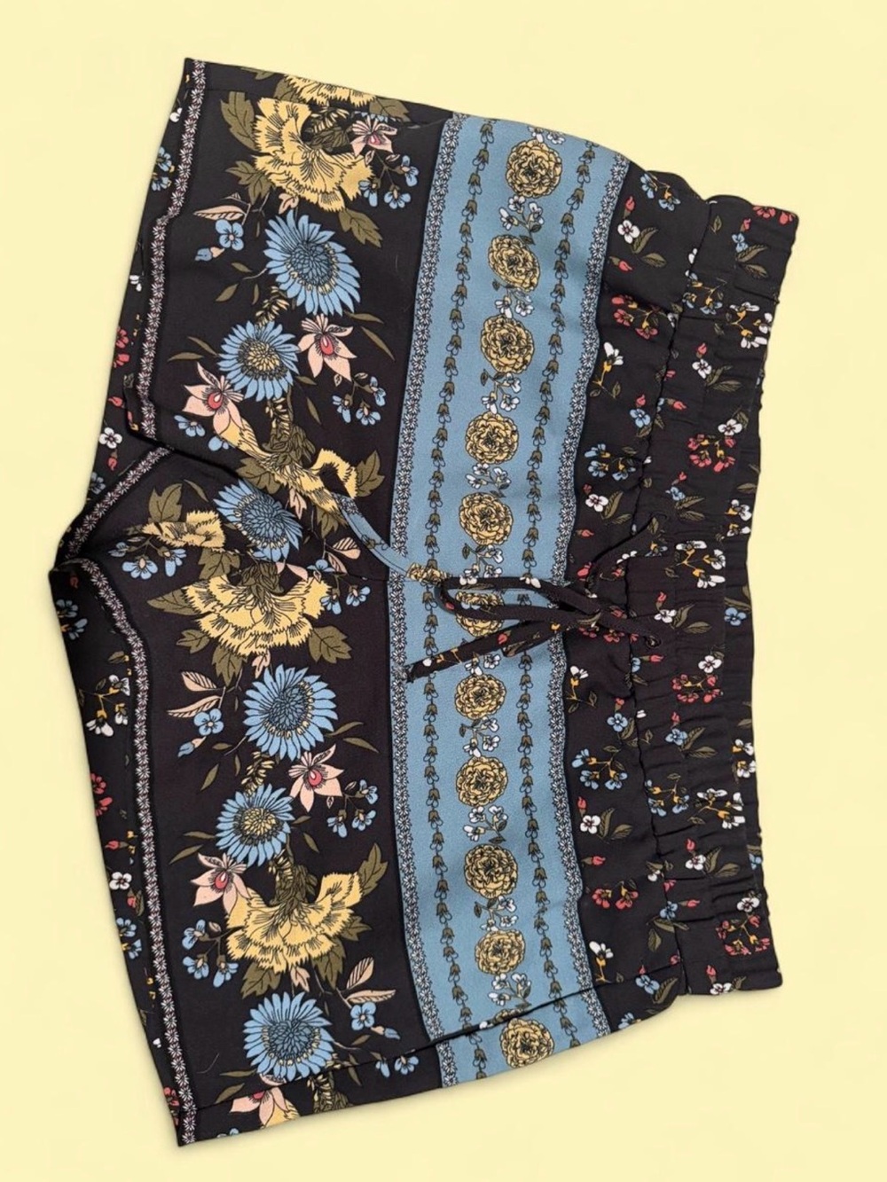 LOFT Black Floral High-Rise Drawstring Shorts with Blue & Yellow Accents